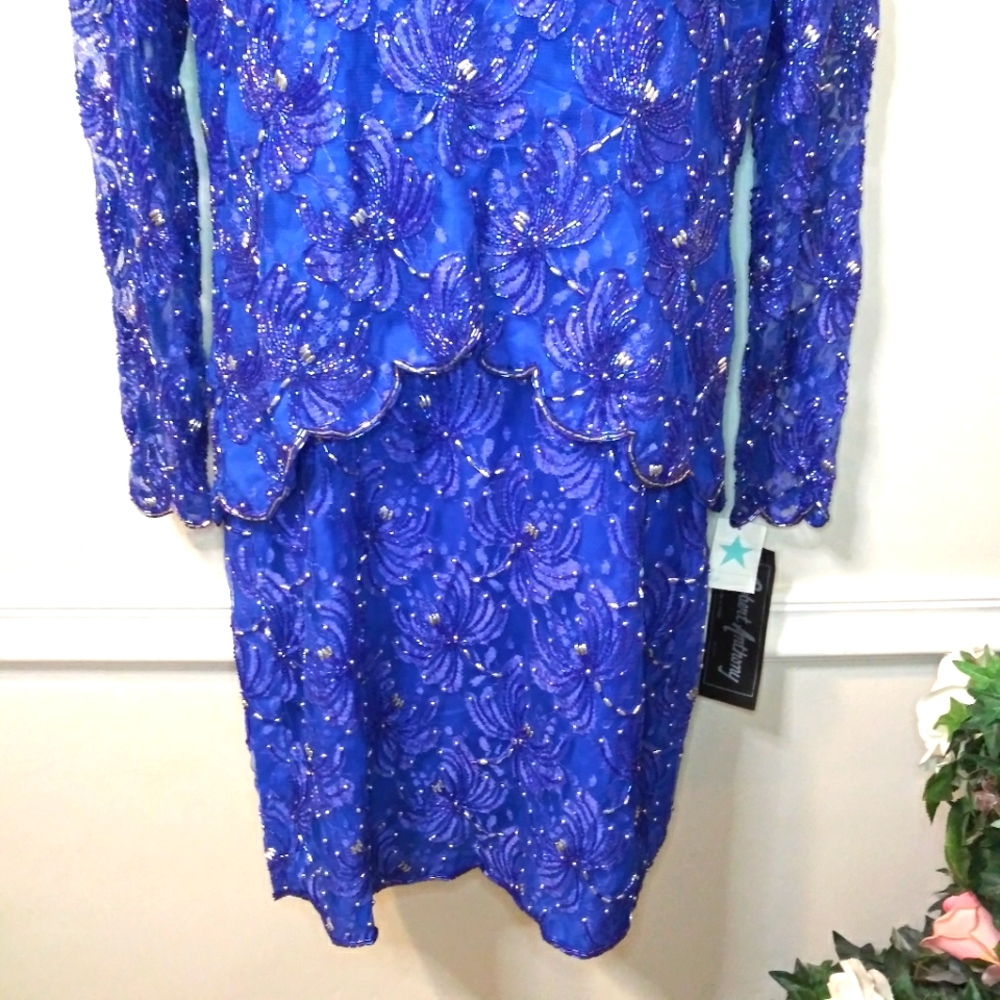 Vintage 1980's Robert Anthony Royal Blue & Purple Beaded Cocktail Dres - Picture 3 of 14